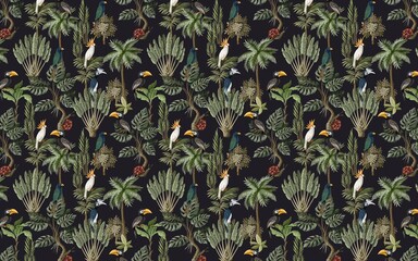 exotic jungle wallpaper design, palm trees, repeating pattern, parrots, mural, art.