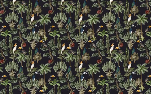 exotic jungle wallpaper design, palm trees, repeating pattern, parrots, mural, art.