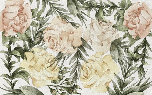 Fototapeta scandinavian style wallpaper design, pastel soft tones, powder pink roses, yellow roses,  watercolor effect, interior design, mural art.