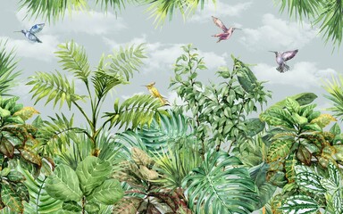 forest scenery wallpaper design with watercolor effect, green background, colorful birds, spring theme, backyard landscape, mural art.