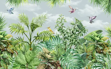 Canvas schilderij Jungle forest scenery wallpaper design with watercolor effect, green background, colorful birds, spring theme, backyard landscape, mural art.  © yyeah