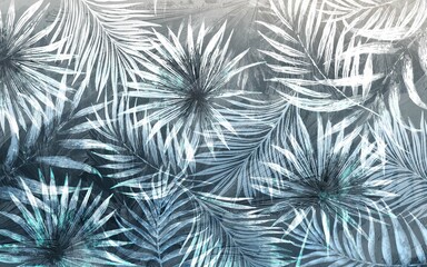 large tropical leaves, exotic wallpaper design, blue monochrome, pointed leaves, palm leaves, watercolor effect, mural art. - obrazy, fototapety, plakaty