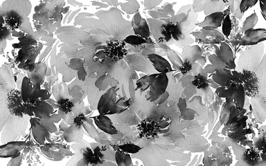 Watercolor flowers wallpaper design, black and white, pattern design, rose and leaf, mural art. 