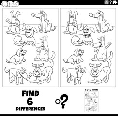 differences game with cartoon dogs animals coloring page