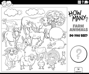 counting cartoon farm animals educational task coloring page