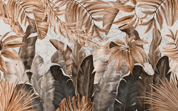 Tropical plants and leafs wallpaper design, sepia color, monochrome, jungle background, pattern design, mural art. © yyeah