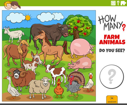 counting cartoon farm animals educational task