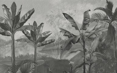 Tropical wallpaper design, banana trees, landscapes, mural art.