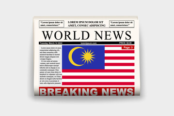 Malaysia country newspaper with flag, breaking news on newsletter, news concept, gazette page with headline