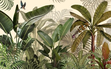 Tropical plants wallpaper design, Jungle background, big leaf and bird, back yard, landscape, mural art. - obrazy, fototapety, plakaty