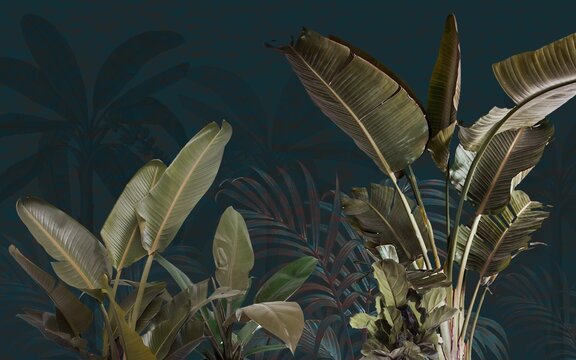 Tropical plants banana trees wallpaper design, dark bacground, vintage wallpaper, jungle background, mural art.