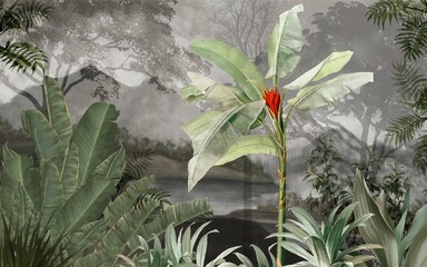 Tropical trees landscape wallpaper design, brush texture, plant and leaf, forest bacground, vintage, mural art.