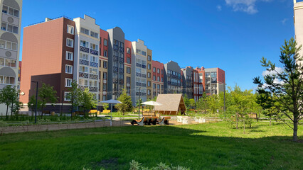 Beautiful new multi-apartment residential quarter of European houses. Abstraction in the city. Kirov.