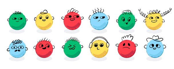 Funny hand-drawn characters. Cute colorful shapes with different emotions, different rough round figures