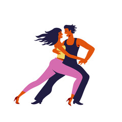 Dancing couple. Trendy vector illustration of professional ballroom dancers for poster, banner. International Latin: Cha cha, Samba, Rumba, Paso Doble, Jive. American Rhythm: Salsa, Mambo,  Swing.