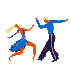 Dancing couple. Trendy vector illustration of professional ballroom dancers for poster, banner. International Latin: Cha cha, Samba, Rumba, Paso Doble, Jive. American Rhythm: Salsa, Mambo,  Swing.
