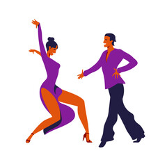 Fototapeta na wymiar Dancing couple. Trendy vector illustration of professional ballroom dancers for poster, banner. International Latin: Cha cha, Samba, Rumba, Paso Doble, Jive. American Rhythm: Salsa, Mambo, Swing.