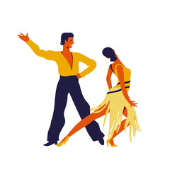 Dancing couple. Trendy vector illustration of professional ballroom dancers for poster, banner. International Latin: Cha cha, Samba, Rumba, Paso Doble, Jive. American Rhythm: Salsa, Mambo,  Swing.