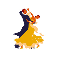 Dancing couple. Trendy vector illustration of professional ballroom dancers for poster, banner. International Latin: Cha cha, Samba, Rumba, Paso Doble, Jive. American Rhythm: Salsa, Mambo,  Swing.
