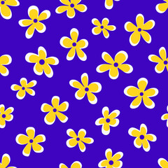 illustration of minimalist style bright yellow flowers forming seamless pattern on purple background