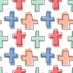 Seamless background with multi-colored crosses in linear style.