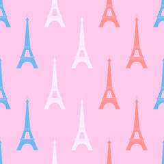 Fototapeta na wymiar France seamless pattern. Romantic pattern with eiffel tower. Symbol France in national color. Design for print on wallpaper, packing, wrapping paper, fabric, travel brochures. Vector illustration