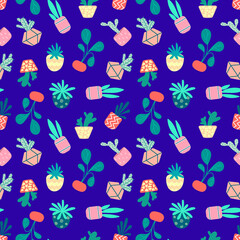 Home potted plants seamless pattern. Indoor flowers. Pattern in earthy and natural colors in boho style