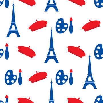 France seamless pattern. Romantic pattern with eiffel tower, beret, paint brush. Symbol France in national color. Design for print on wallpaper, packing, wrapping paper, fabric. Vector illustration