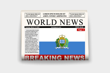 San Marino country newspaper with flag, breaking news on newsletter, news concept, gazette page with headline