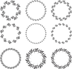 Obraz premium Illustration of collection of assorted circle shaped black frames made of plants on white isolated background