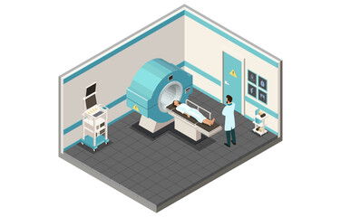 Concept Of Healthcare And Medicine. Magnetic Resonance Imaging Machine, Doctor Radiologist Inspecting Patient In Clinic. MRI Cabinet With Professional Stuff. Isometric 3d Cartoon Vector Illustration