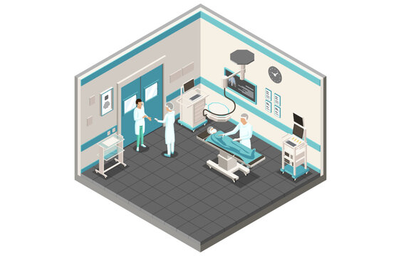 Concept Of Plastic Surgery, Healthcare And Medicine. Operation Room With Surgeon, Nurse And Anesteziologist. Process Of Emergency Patient Operation In Clinic. Isometric 3d Cartoon Vector Illustration