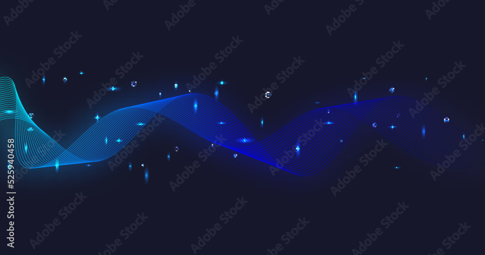 Poster glowing dots bokeh style laser lens dynamic waves abstract blue technology background with neon flow