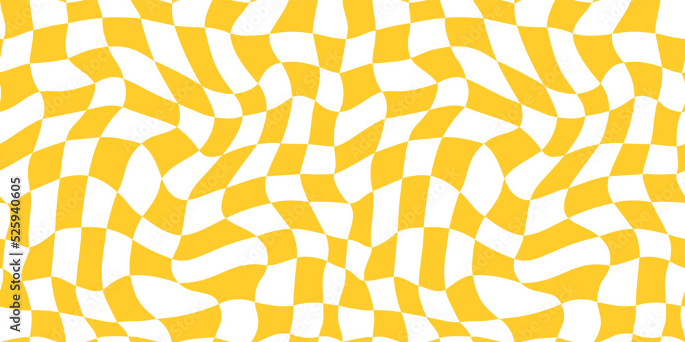 Fototapete Distorted Checkered Background. Abstract Psychedelic Seamless Pattern with Waves. Vector Groovy Y2K Texture