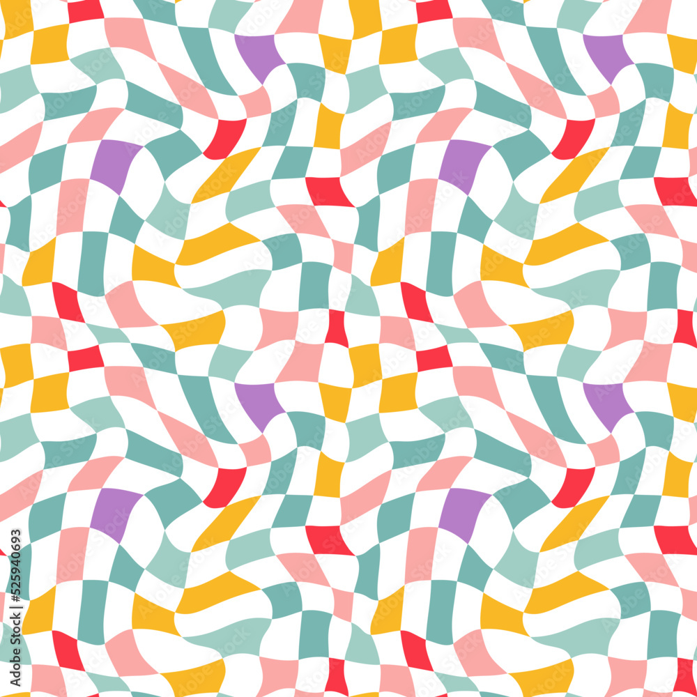 Poster Colorful Checkered Seamless Pattern. Vector Psychedelic Background in Retro Style. Abstract Groovy Texture. Hippie Vibes 1970 Aesthetics