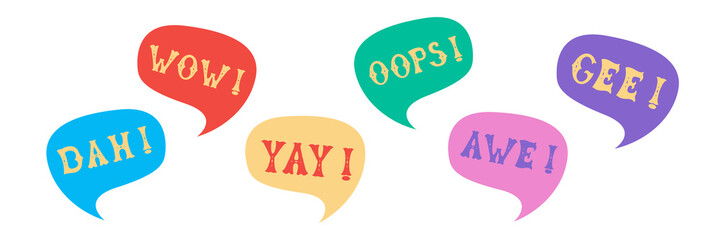 Exclamation words wow, dah, yay, oops, awe, gee. Сomics speech bubble set with words made of letters in mexican style. Flat vector illustration