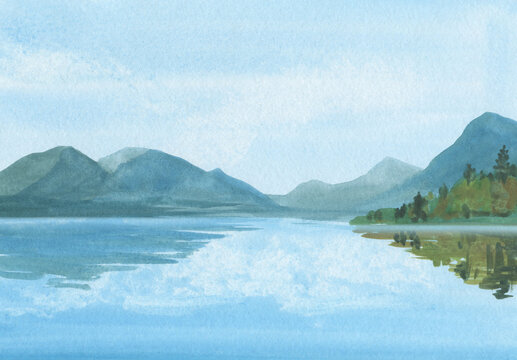 Watercolor landscape with mountains and sea. bright illustration of nature. sketch drawn on paper. painted clouds and mountains are reflected in the water