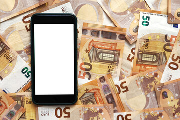 smartphone with blank display mockup screen on 50 euro banknotes. Money paper. Concept of business,...