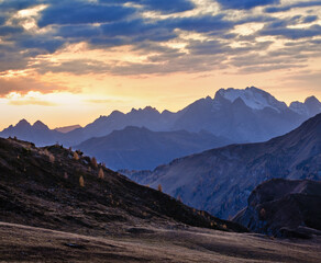 Mountain evening dusk peaceful hazy view from Giau Pass.