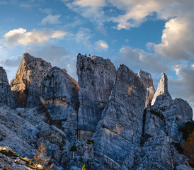 Autumn Dolomites mountain scene, Sudtirol, Italy. Cinque Torri (Five towers) rock formation.