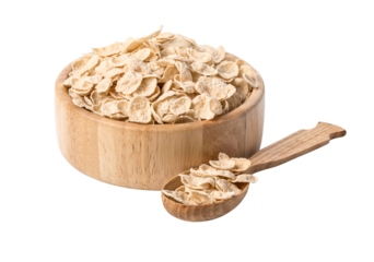 Oatmeal in wooden bowl and spoon