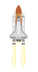 Space shuttle with rocket boosters launch isolated on white. Vector illustration.
