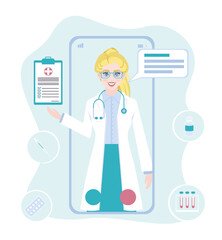 Patient consultation to the doctor via smartphone. Online medical support. Online doctor. Healthcare services, Ask a doctor. Urologist, Therapist with stethoscope on the screen
