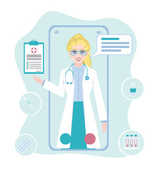 Patient consultation to the doctor via smartphone. Online medical support. Online doctor. Healthcare services, Ask a doctor. Urologist, Therapist with stethoscope on the screen