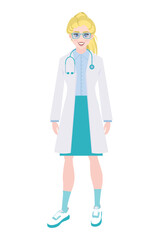 Girl doctor in a medical coat and a stethoscope. Blond woman in nurse glasses smiling. Cartoon female character for medical concept.