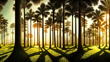 Panorama of the palm forest at sunset, the sun's rays through the trees, fantasy forest, fog, palm jungle. 3D illustration.