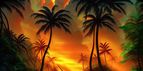 Palm neon forest, jungle at sunset. Unreal forest. Beautiful neon fantasy landscape. 3D illustration.