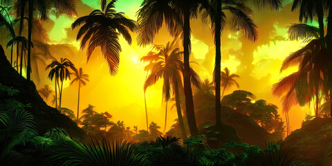 Palm neon forest, jungle at sunset. Unreal forest. Beautiful neon fantasy landscape. 3D illustration.