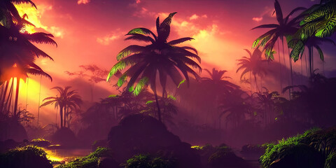 Fototapeta na wymiar Palm neon forest, jungle at sunset. Unreal forest. Beautiful neon fantasy landscape. 3D illustration.