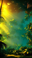 Fototapeta na wymiar Palm neon forest, jungle at sunset. Unreal forest. Beautiful neon fantasy landscape. 3D illustration.